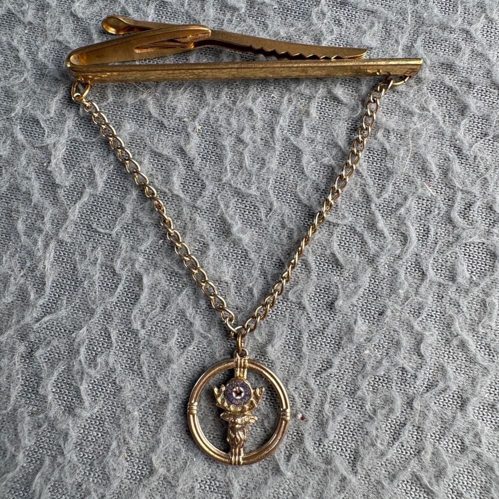 Vintage Hickok USA Gold Tone BPOE Elks Club Tie Bar with Dangle Charm Fraternal